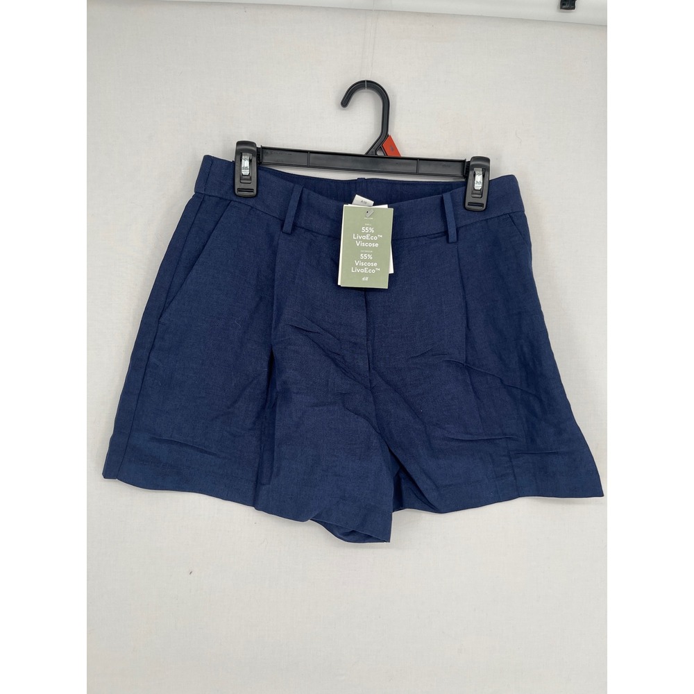 H&M Navy Blue Linen Blend Pleated High Waist Shorts LivaEco Viscose Size US 8